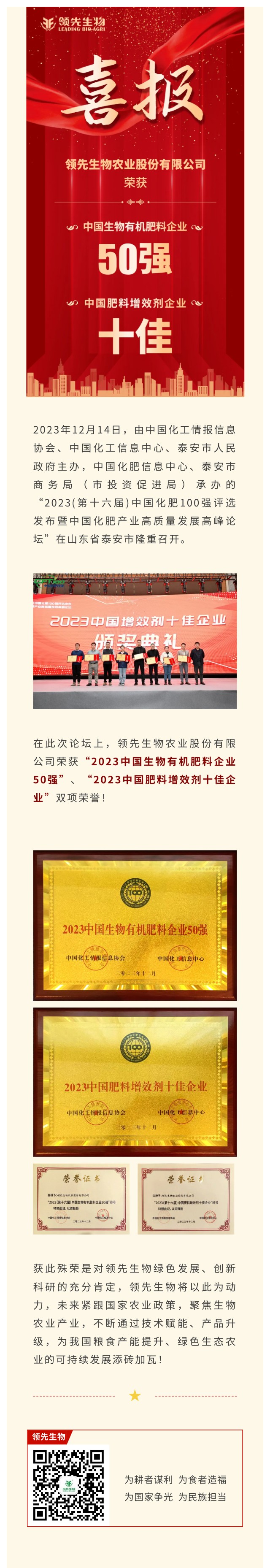實(shí)力上榜 | 領(lǐng)先生物榮獲2023中國(guó)生物有機(jī)肥料企業(yè)50強(qiáng)！中國(guó)肥料增效劑十佳企業(yè)！